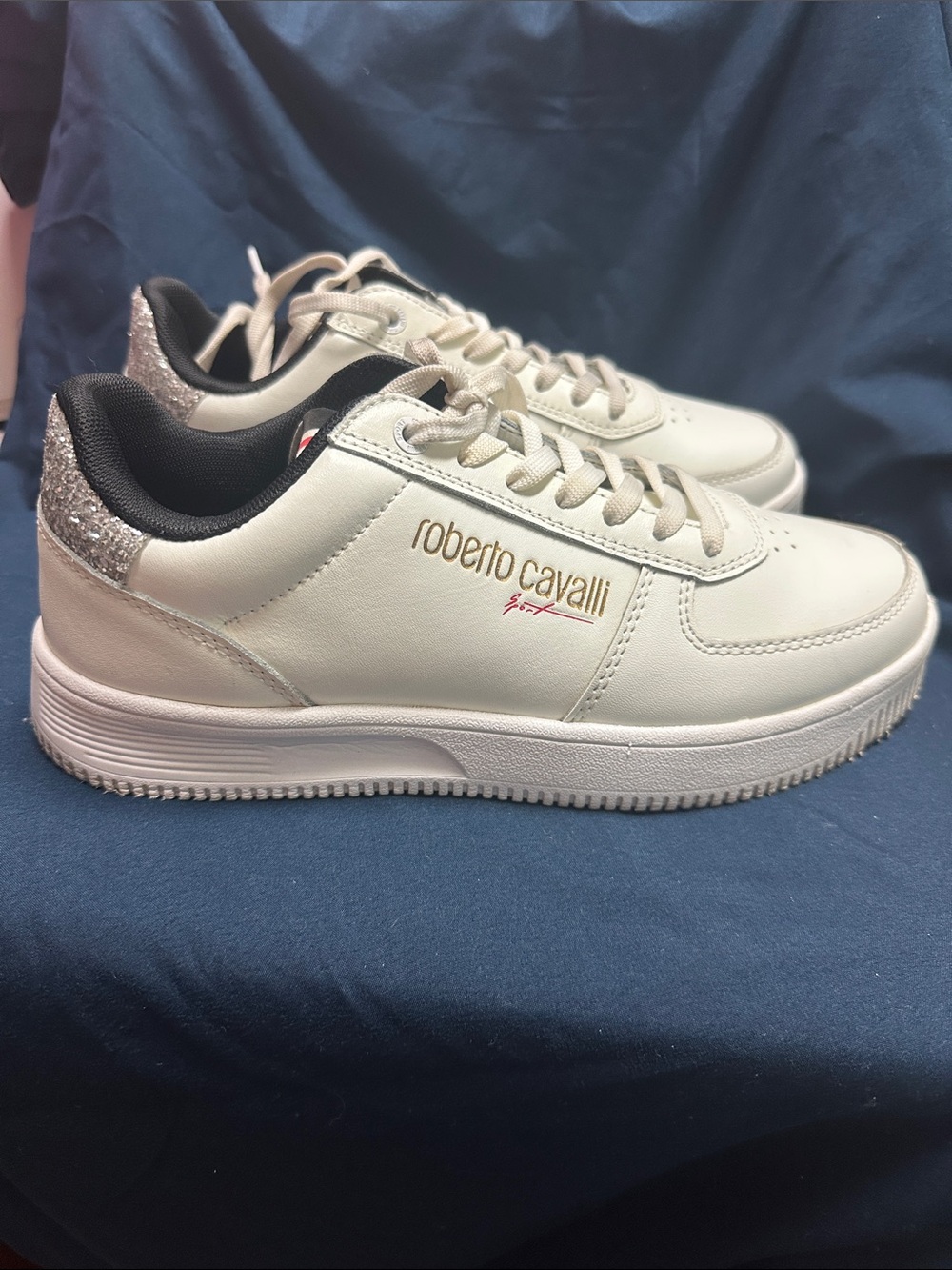 Roberto Cavalli Sport White Sneakers with Silver Glitter Heel